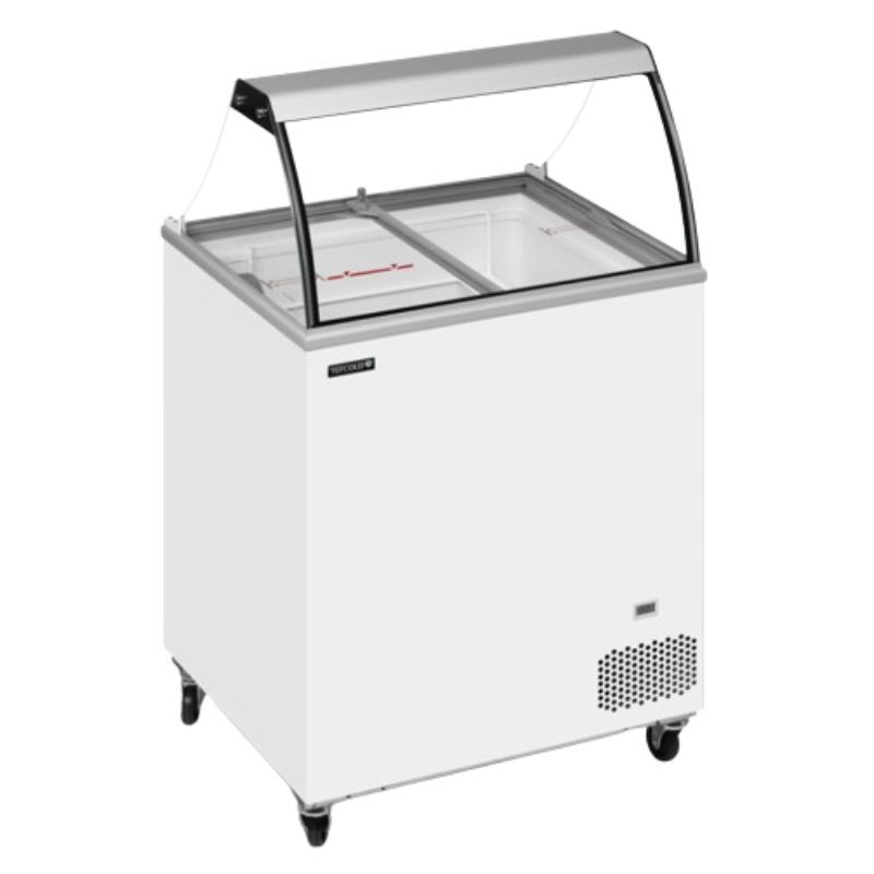 Congelador Baú para Sorvete com Vidro Curvo - 165 L TEFCOLD: Vitrine de Sorvetes Profissional com Tampas de Vidro Deslizantes Congelador Baú para Sorvete com Vidro Curvo - 165 L TEFCOLD: Vitrine de Sorvetes Profissional com Tampas de Vidro Deslizantes