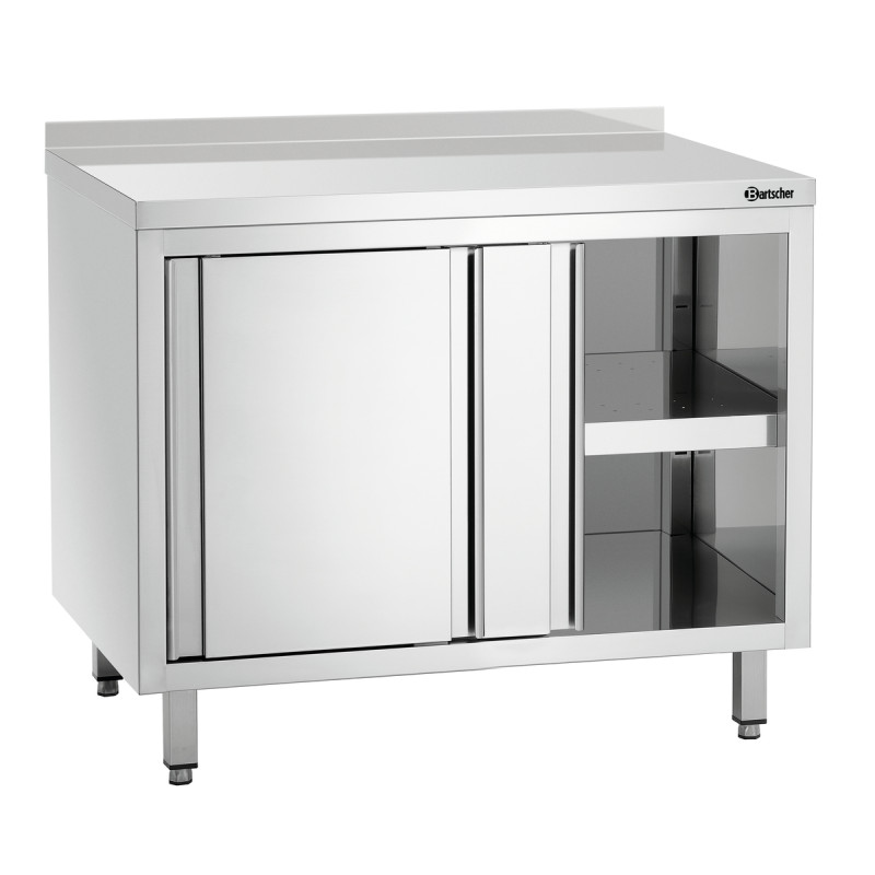 Móvel em inox com portas de correr, prateleira e respaldo - L 1000 mm Móvel em inox com portas de correr, prateleira e respaldo - L 1000 mm