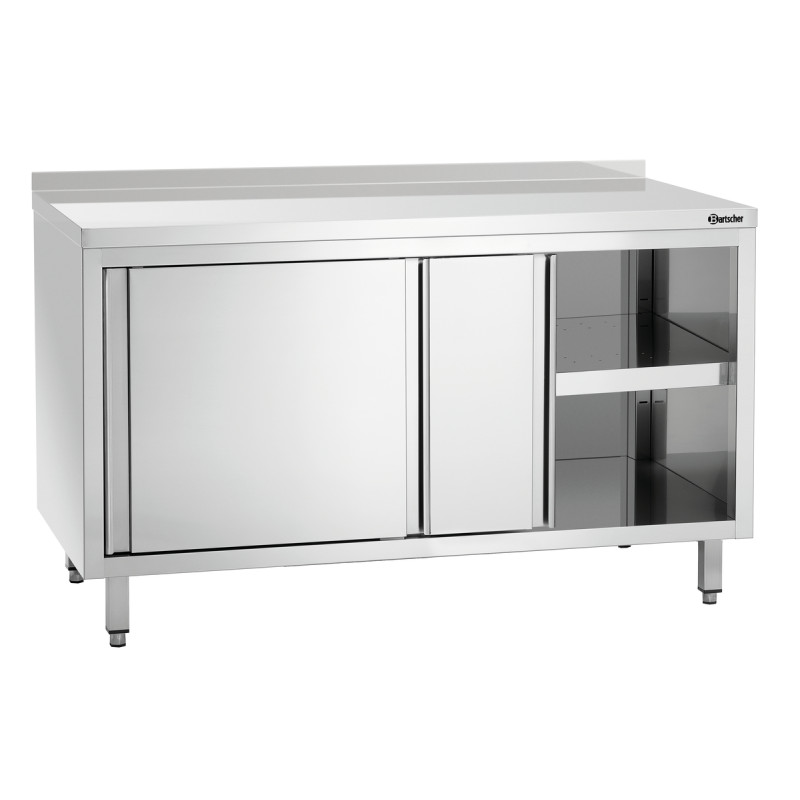 Móvel em inox com portas de correr, prateleira e respaldo - L 1400 mm Móvel em inox com portas de correr, prateleira e respaldo - L 1400 mm