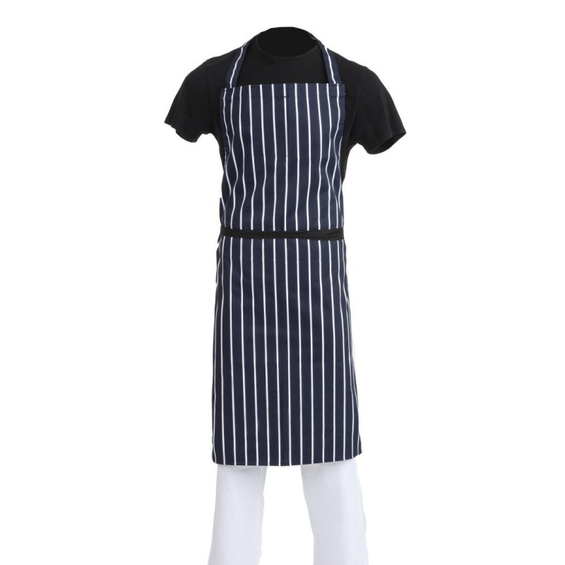 Avental Bavete Extra Longo Sem Bolso Listrado Azul Marinho e Branco - Vestuário de Chefes Brancos - Fourniresto Avental Bavete Extra Longo Sem Bolso Listrado Azul Marinho e Branco - Vestuário de Chefes Brancos - Fourniresto