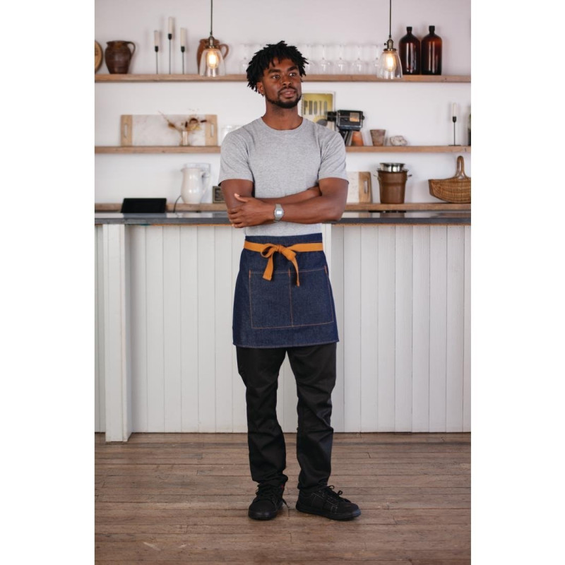 Avental de Servidor em Denim Azul com Cinto Ocre em Algodão 700 x 430 mm - Whites Chefs Clothing - Fourniresto Avental de Servidor em Denim Azul com Cinto Ocre em Algodão 700 x 430 mm - Whites Chefs Clothing - Fourniresto