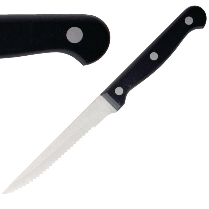 Faca de carne com cabo preto lâmina serrilhada 215 mm - Conjunto de 12 - Olympia - Fourniresto Faca de carne com cabo preto lâmina serrilhada 215 mm - Conjunto de 12 - Olympia - Fourniresto