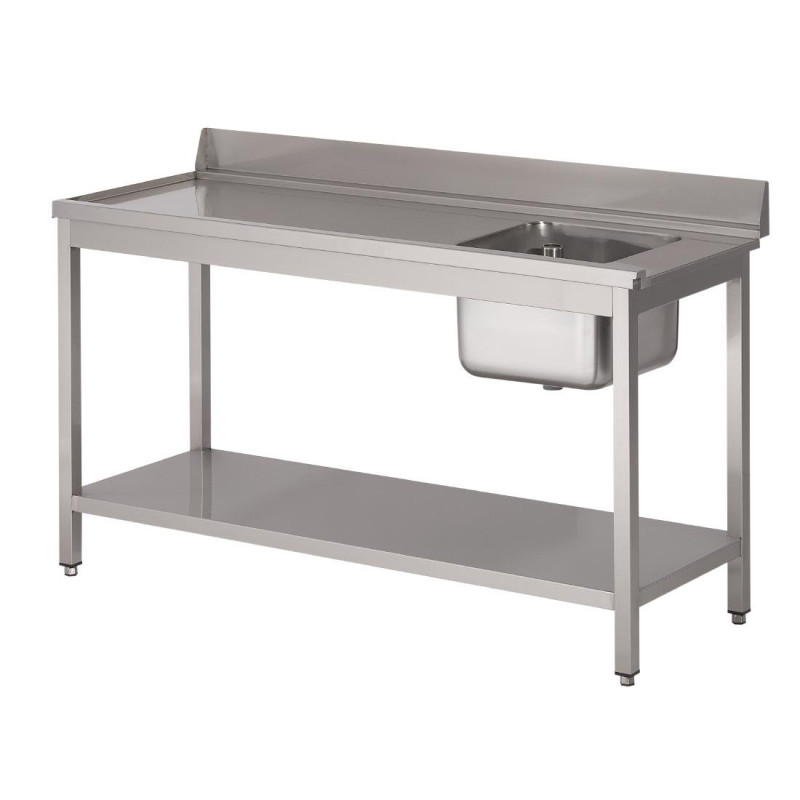 Mesa de entrada para lava-louças em aço inoxidável com cuba à direita, respaldo e prateleira inferior - L 1400 x P 700mm - Gastr Mesa de entrada para lava-louças em aço inoxidável com cuba à direita, respaldo e prateleira inferior - L 1400 x P 700mm - Gastr