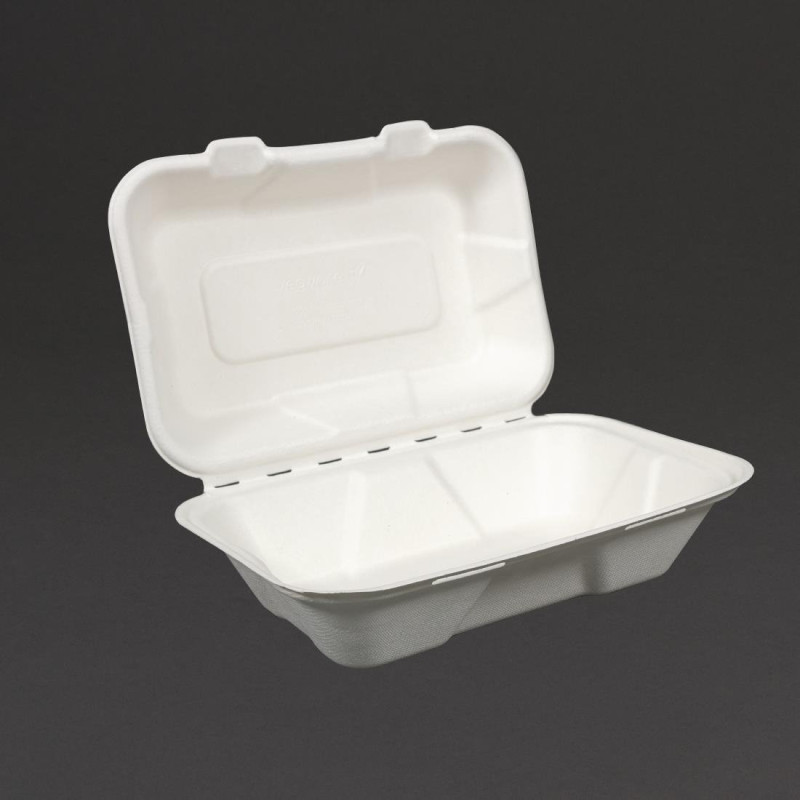 Caixas de refeição em bagaço com tampa articulada - L 228mm - Conjunto de 200 - Vegware Caixas de refeição em bagaço com tampa articulada - L 228mm - Conjunto de 200 - Vegware