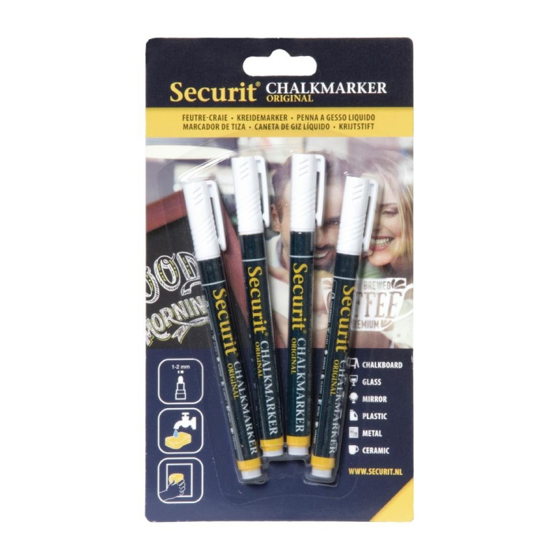 Marcadores de giz líquido branco - Conjunto de 4 - Securit - Fourniresto Marcadores de giz líquido branco - Conjunto de 4 - Securit - Fourniresto