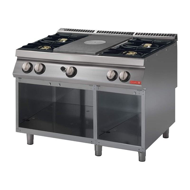 Placa de fogo a gás de 700 com 4 queimadores vivos em armário aberto - Gastro M Placa de fogo a gás de 700 com 4 queimadores vivos em armário aberto - Gastro M