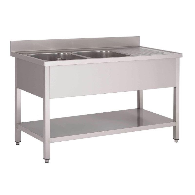 Mergulhador em Aço Inoxidável com Prateleira Baixa 2 Cubas à Esquerda - L 1600 x P 700 mm - Gastro M Mergulhador em Aço Inoxidável com Prateleira Baixa 2 Cubas à Esquerda - L 1600 x P 700 mm - Gastro M