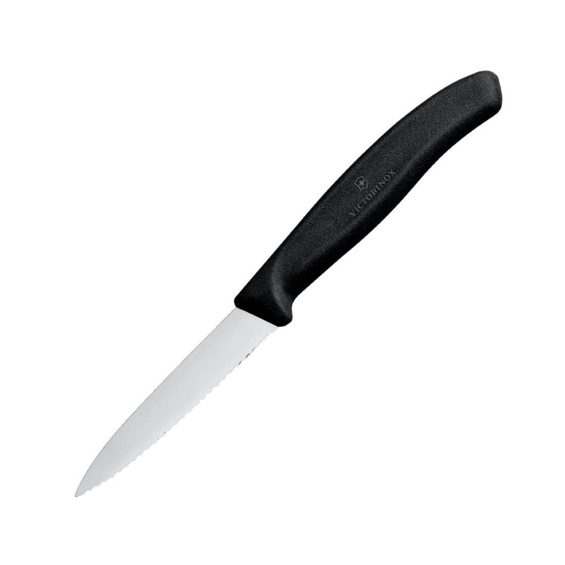 Faca de escritório dentada e pontiaguda Victorinox 8 cm: Corte preciso e penetração facilitada. Faca de escritório dentada e pontiaguda Victorinox 8 cm: Corte preciso e penetração facilitada.