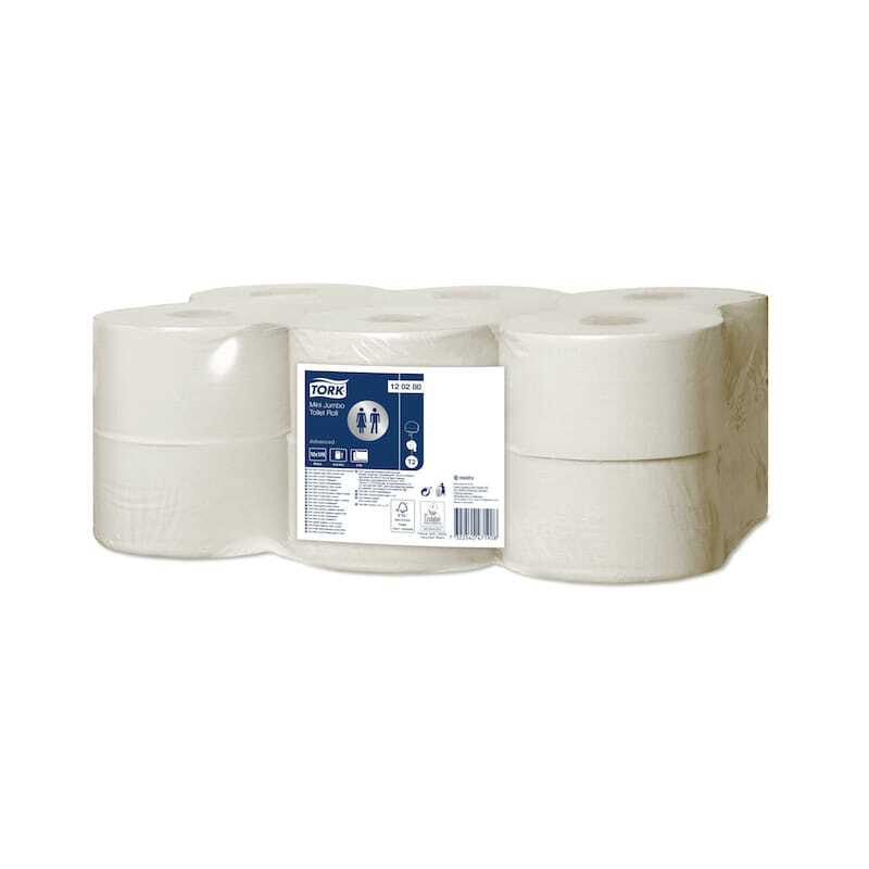 Papel higiénico mini jumbo avançado branco - Pacote de 12 da Tork, econômico e eficiente. Papel higiénico mini jumbo avançado branco - Pacote de 12 da Tork, econômico e eficiente.