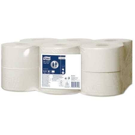 Papel higiénico mini jumbo avançado branco - Pacote de 12 da Tork, econômico e eficiente.