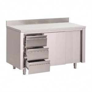 Mesa Armário em Aço Inoxidável com Respaldo 3 Gavetas à Esquerda e Portas Deslizantes - L 2000 x P 700mm - Gastro M