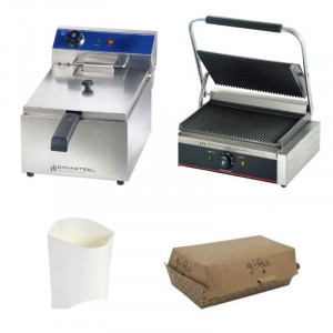 Pack Inicial de Lanches: Grill Panini - Fritadeira - Caixas Panini - Estojo de Batatas Fritas