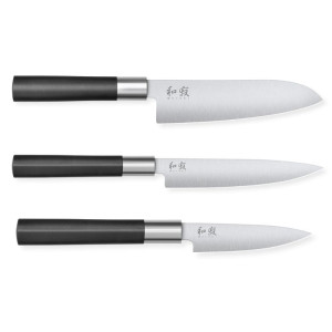 Conjunto de 3 Facas Wasabi Black - Faca de Escritório e Santoku da KAI: qualidade, desempenho e precisão na cozinha.