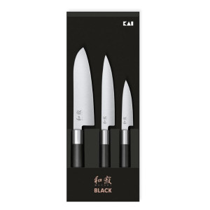 Conjunto de 3 Facas Wasabi Black - Faca de Escritório e Santoku da KAI: qualidade, desempenho e precisão na cozinha.