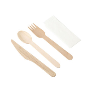 Kit de 4 Peças - Talheres de Madeira Dynasteel: Faca, Garfo, Colher Grande, Guardanapo - Lote de 500